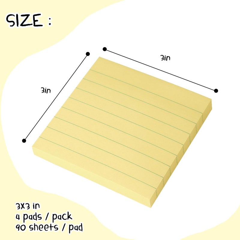 Eastern Wolf Lined Sticky Notes 3x3 Sticky Notes with Lines Self-Stick Notes Bright Color 4 Pads 90 Sheets/Pad (Yellow) - Image 2